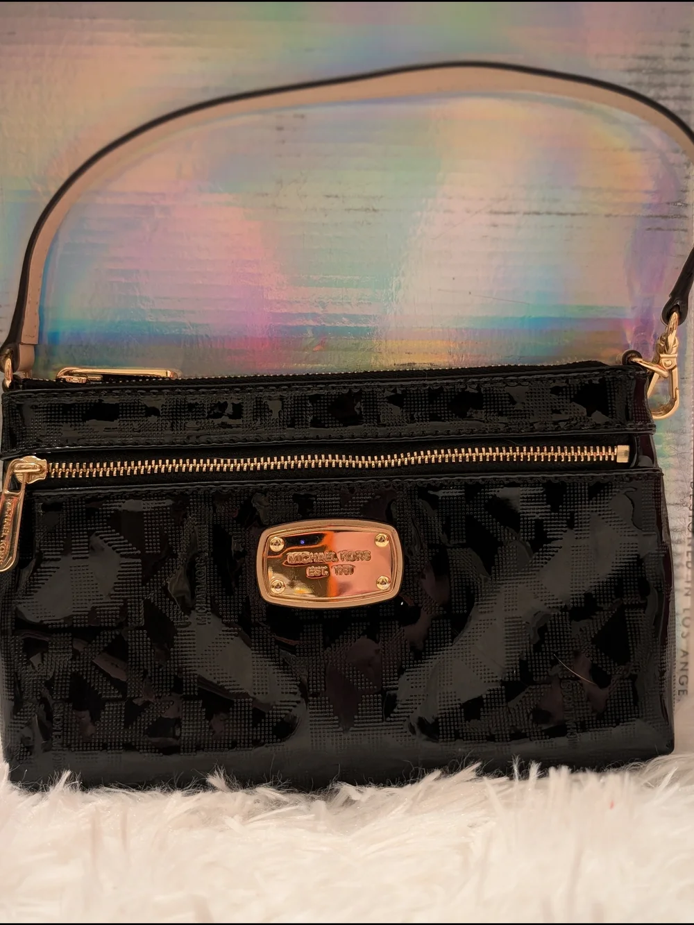 Michael Kors Black Patent Shoulder Bag with Gold Hardware